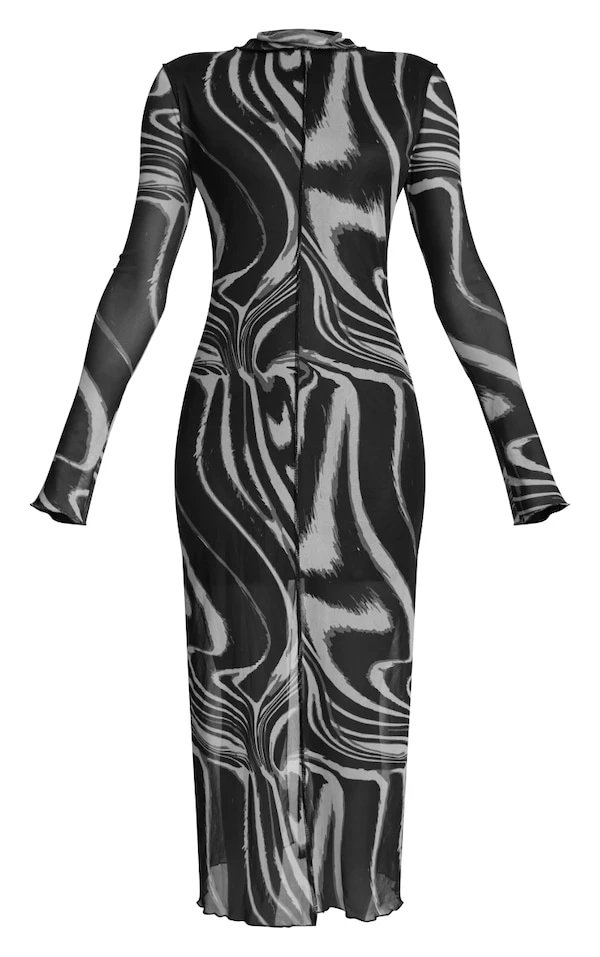 Robe Longue En Mesh Imprimé Noir & Blanc à Col Montant Et Liserés Contrastants 7 Robe Longue En Mesh Imprimé Noir & Blanc à Col Montant Et Liserés Contrastants – Image 5