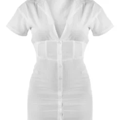 Robe Chemise Ajustée Effet Lin Blanc à Manches Courtes -Jolie Vêtue Soldes Magasin f9db2ef9c3854a1ee03e3a9c2b5a063d79e5ab5b cnd4040 5