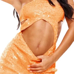 Robe Moulante Dos Nu En Sequins Orange Découpée à La Taille -Jolie Vêtue Soldes Magasin fa19a13c445495f03adc4474ed2c3ca4249b3752 cne3758 4
