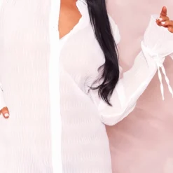 Robe Chemise En Mousseline De Soie Blanche Texturée Transparente à Manchettes évasées -Jolie Vêtue Soldes Magasin fa266a8de85e44d958d788e718e4c6524220d5c3 cnd5900 4