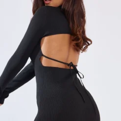 Robe Longue Noire En Maille Tricot à Manches Longues Et Dos Nu -Jolie Vêtue Soldes Magasin fa62bb7d2b8910ef40d2e8845da1350a61f5201a cna5343 4