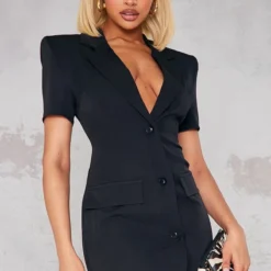 Robe Blazer Oversize Noire à Manches Courtes Et épaulettes