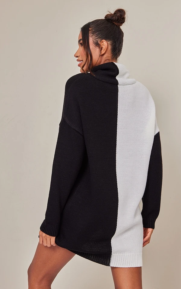 Robe Pull En Maille Noir & Blanc Style Colourblock à Col Roulé 4 Robe Pull En Maille Noir & Blanc Style Colourblock à Col Roulé – Image 2