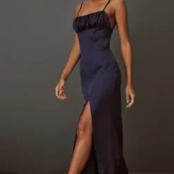 Robe à Fines Bretelles Satinée Bleu Marine Fendue Et Buste Froncé -Jolie Vêtue Soldes Magasin fb7aec86793e6029638563db14355c896abd13a3 cnc7634 3