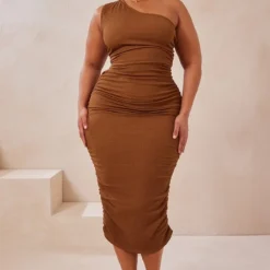 Plus Robe Mi-longue Texturée Chocolat à épaule Unique -Jolie Vêtue Soldes Magasin fb9644135f0cccda808e286feec903ab145ac406 cmy4407 4