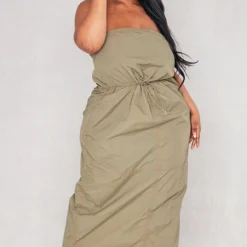 Plus Robe Mi-longue Bustier En Nylon Kaki à Détail Coutures
