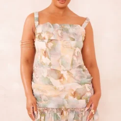 Plus Robe Moulante En Mousseline De Soie Vert Sauge Imprimée à Détail Corset