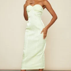 Robe Mi-longue Texturée Tissée Vert Citron à Détail Bonnets