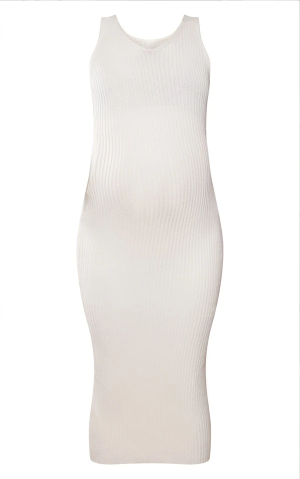 Maternité Robe De Grossesse Mi-longue Crème En Maille Tricot à Col En V 7 Maternité Robe De Grossesse Mi-longue Crème En Maille Tricot à Col En V – Image 5