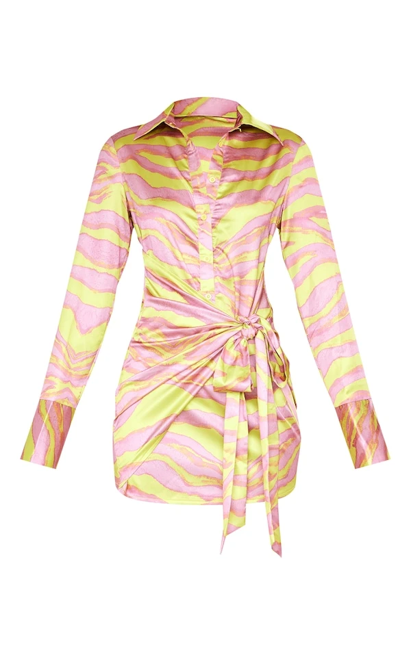 Robe Chemise Satinée Imprimé Zébré Multicolore à Détail Noué 7 Robe Chemise Satinée Imprimé Zébré Multicolore à Détail Noué – Image 5