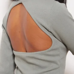 Robe Moulante Très Côtelée Vert Sauge Kaki à Col Montant Et Ouverte Au Dos -Jolie Vêtue Soldes Magasin fd61aa70806458d5b766547831e362b0798ac09d cna3071 4