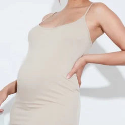 Maternité Robe De Grossesse Mi-longue En Maille Côtelée Stretch Sable Clair à Bretelles -Jolie Vêtue Soldes Magasin ff19969e7ad997c56681d4ba459704964f6ab55c cnd6829 4