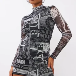 Robe Moulante En Mesh Froncé Noir & Blanc Imprimé Billets à Manches Longues -Jolie Vêtue Soldes Magasin ffc989ccfa783ccafb6965c39fe9ba61a37fed35 cnb7171 3